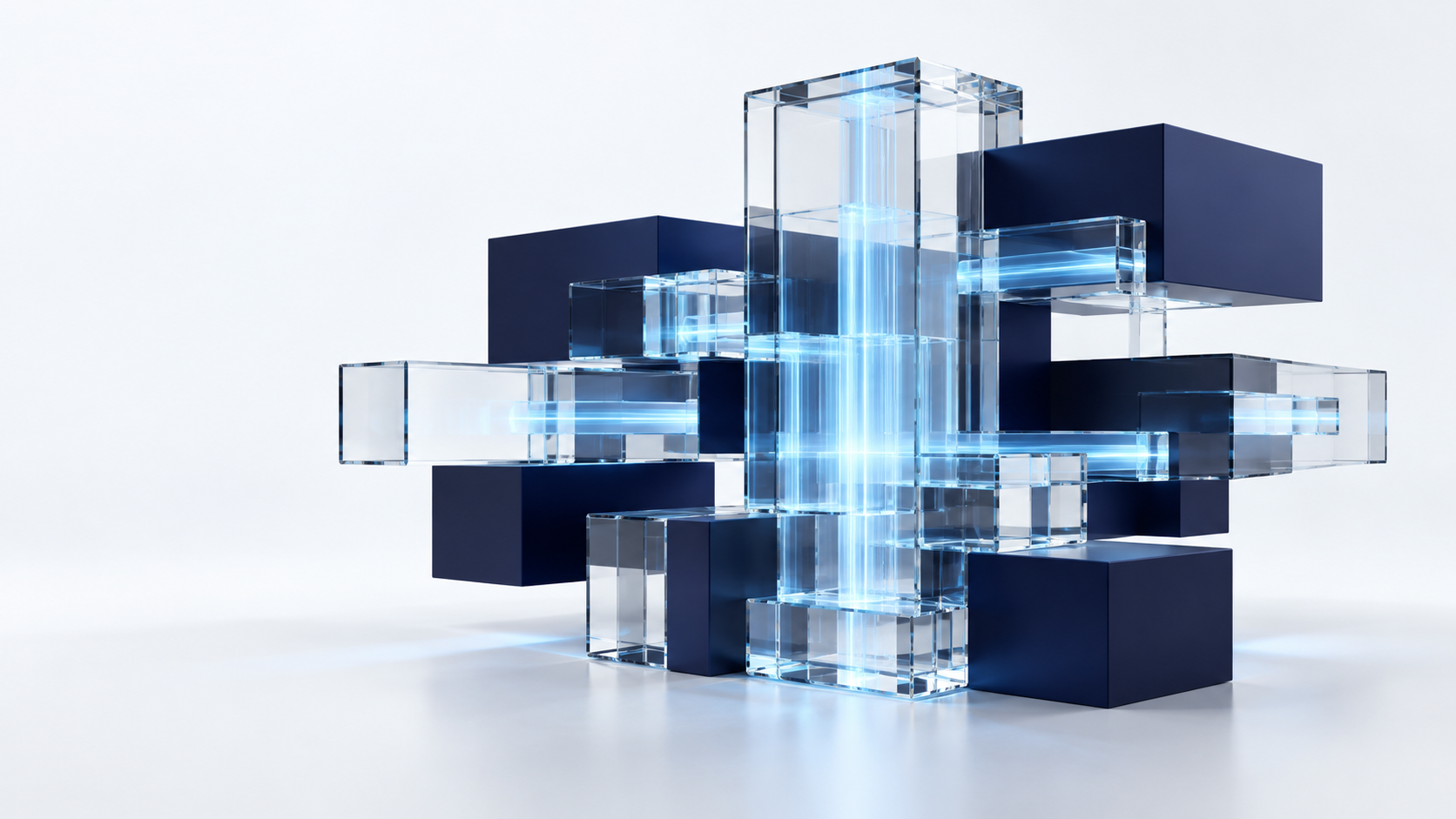 Interconnected glass and midnight-blue modules illuminated by soft blue light