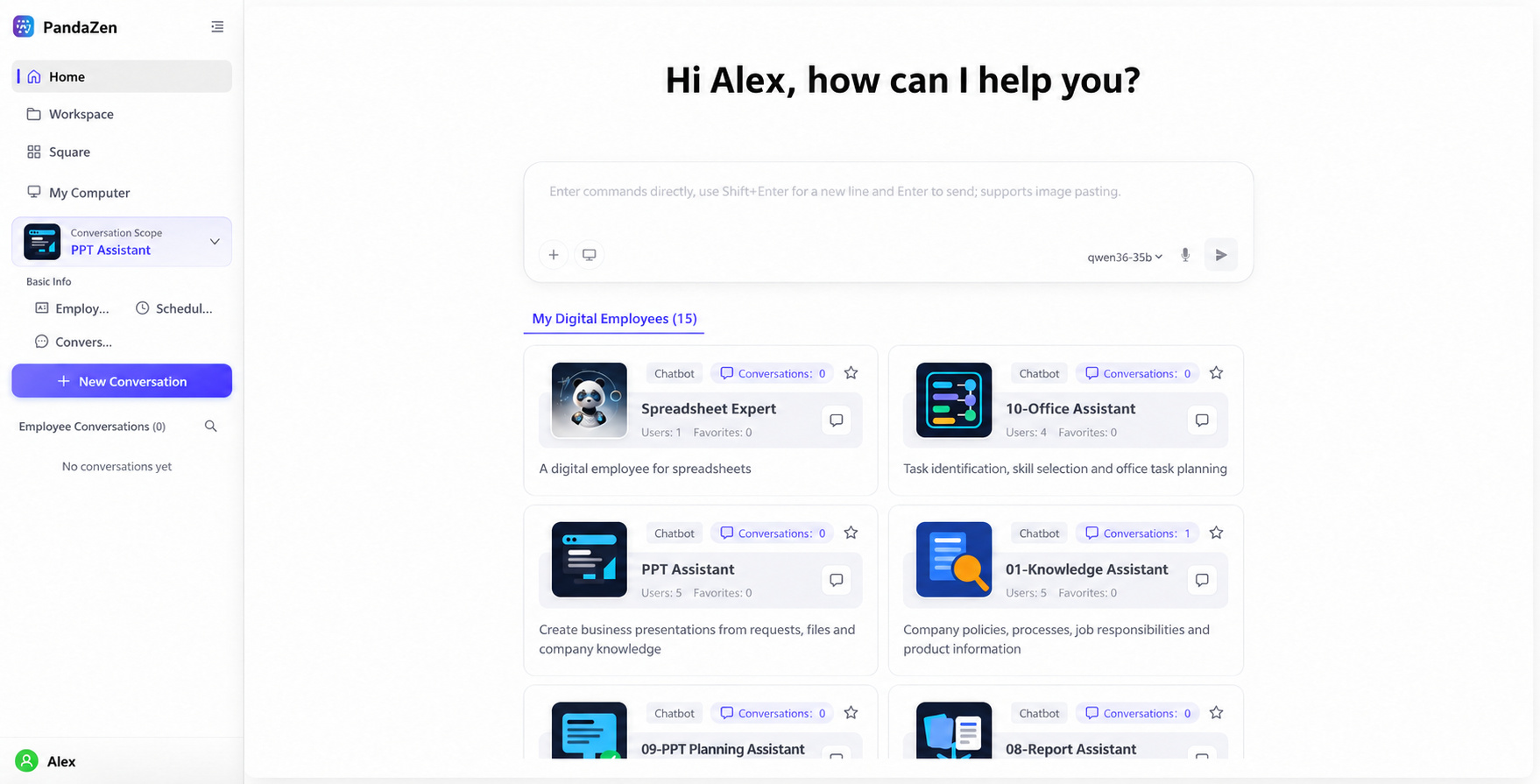 PandaZen homepage with a chat workspace and digital employee assistants