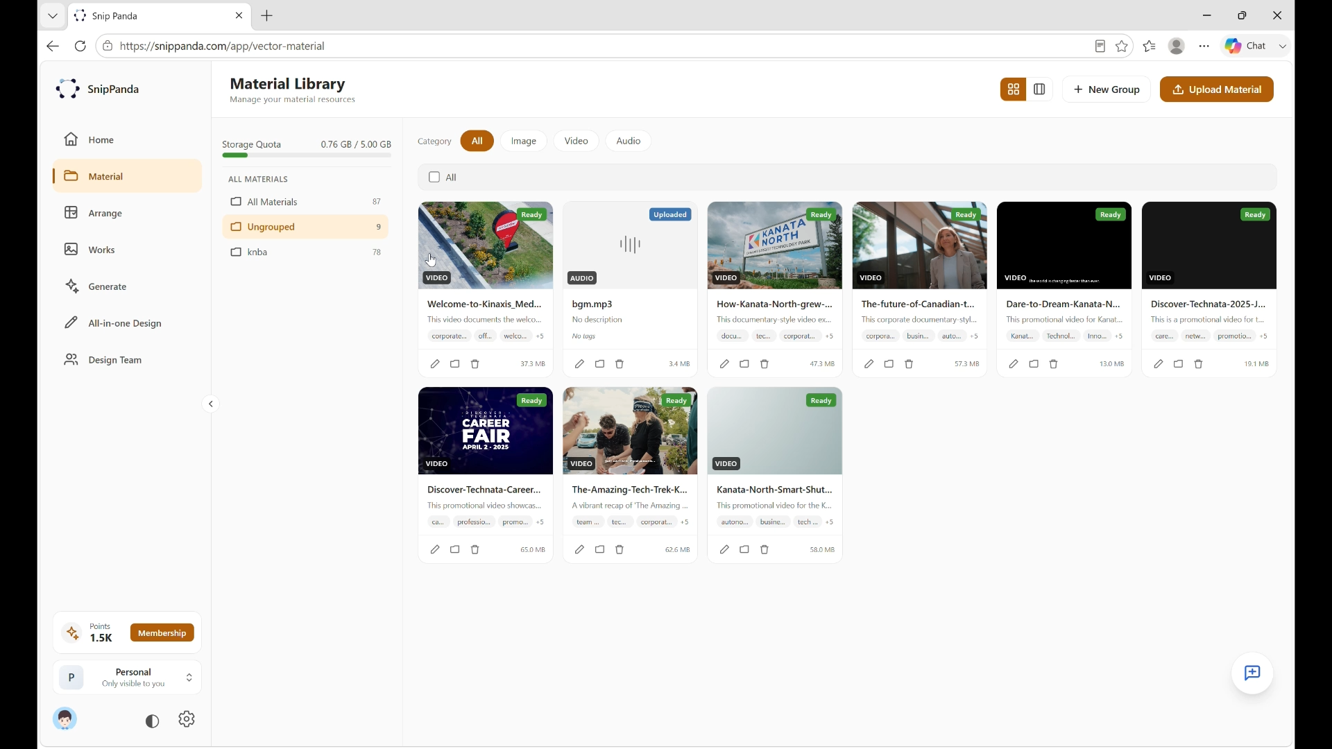 SnipPanda material library displaying video clips and audio resources